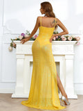 Yellow Backless Sheath Column Prom Dress With High Slit