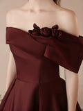 Burgundy Off The Shoulder Flowers Satin Prom Dress