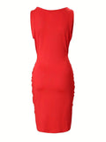Red Sequin V Neck Twist Front Ruched Bodycon Dress