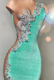 Mint Green Velvet Crstyal Sheer Mermaid Prom Dress