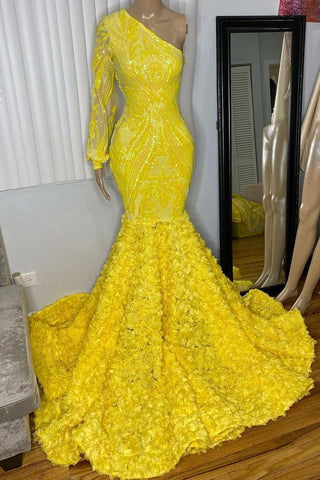 Mermaid Yellow One Shoulder  Long Sleeve Prom Dress