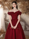 Off The Shoulder Satin Burgundy A Line Prom Dress