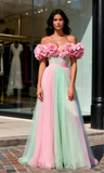 Ombre Pink A Line Tulle Off The Shoulder Prom Dress