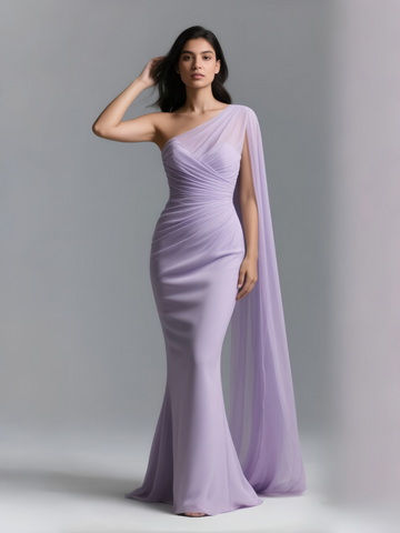 One Shoulder Shawl Trumpet Mermaid Lavender Prom Dress
