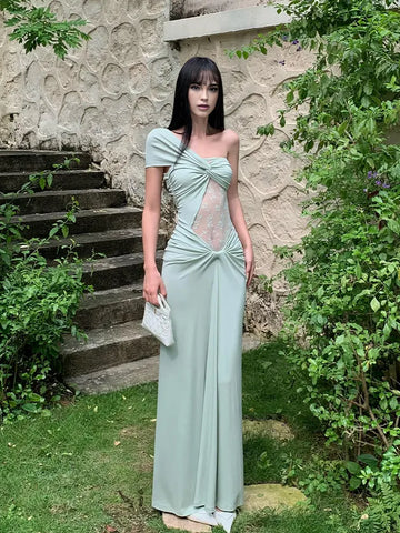 Green Satin One Shoulder Long Dress with High Slit