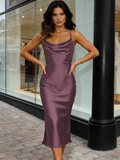 Spaghetti Strap Cowl Neck Backless Satin Party Dress