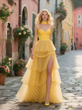 Yellow Dot Tulle Spaghetti Straps Prom Dress With Slit