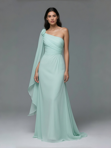One Shoulder Shawl A Line Mint Chiffon Prom Dress