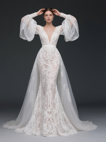 V Neck Trumpet Mermaid Lace Long Sleeve Detachable Train Wedding Dress