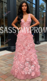 Pink A Line Flower Beading V Neck Backless Prom Dress