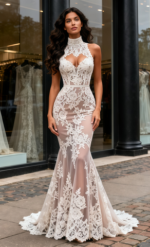 Champagne Backless Trumpet Mermaid High Neck Lace Wedding Dress