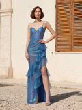 Tulle Spaghetti Straps Ruffles Blue Prom Dress With Slit