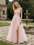 Tulle Shiny Sequin A Line Light Pink Prom Dress With Slit