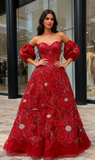 Tulle Flower Beading Red A Line Puffy Sleeve Prom Dress