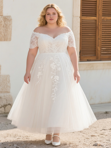Off The Shoulder Ankle Length Tulle Plus Size Wedding Dress