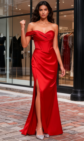 Trumpet Mermaid Sweetheart Red Satin Ruched Prom Dress With Slit