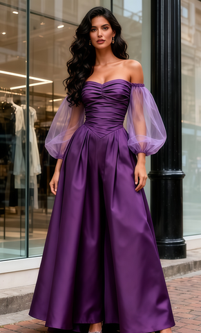 Off The Shoulder Puffy Sleeves Purple A Line Prom Dress