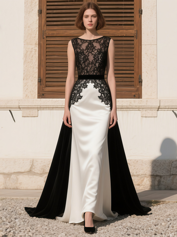 Trumpet Mermaid White Black Scoop Satin Prom Dress