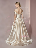 Champagne Satin A Line Off The Shoulder Wedding Dress