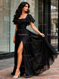 Square Neck Black Chiffon Cap Sleeve Bridesmaid Dress With Slit