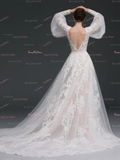 V Neck Trumpet Mermaid Lace Long Sleeve Detachable Train Wedding Dress