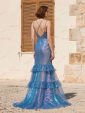 Tulle Spaghetti Straps Ruffles Blue Prom Dress With Slit