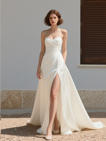 Satin A Line Pockets Ruched Sweetheart Wedding Dress With Slit