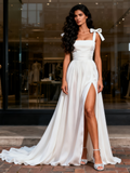 A Line Chffon White Tie Shoulder Bridesmaid Dress With Slit