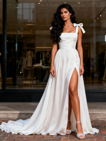 A Line Chffon White Tie Shoulder Bridesmaid Dress With Slit