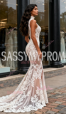 Champagne Backless Trumpet Mermaid High Neck Lace Wedding Dress