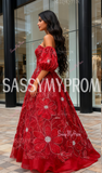 Tulle Flower Beading Red A Line Puffy Sleeve Prom Dress