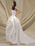 Strapless A Line Ruffles Satin High Low Wedding Dress