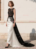 Trumpet Mermaid White Black Scoop Satin Prom Dress