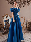 Off The Shoulder Blue Ruffles Satin Prom Dress