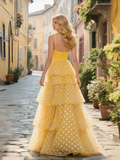 Yellow Dot Tulle Spaghetti Straps Prom Dress With Slit
