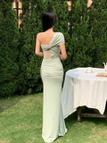 Green Satin One Shoulder Long Dress with High Slit