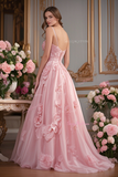 Light Pink Flower V Neck Tulle A Line Prom Dress