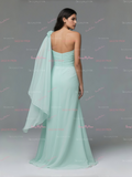 One Shoulder Shawl A Line Mint Chiffon Prom Dress