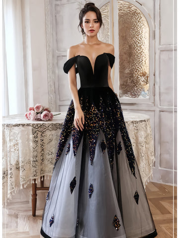 Beading Tulle Black Off The Shoulder Prom Dress US2 / As The picture Beading Tulle Black Off The Shoulder Prom Dress US2 / As The picture