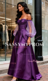 Off The Shoulder Puffy Sleeves Purple A Line Prom Dress