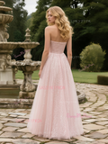 Tulle Shiny Sequin A Line Light Pink Prom Dress With Slit