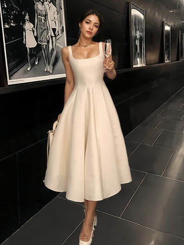 Satin Tea Length White Short Square Neck Wedding Dress US14 / As the picture