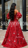 Tulle Flower Beading Red A Line Puffy Sleeve Prom Dress