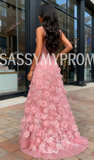 Pink A Line Flower Beading V Neck Backless Prom Dress