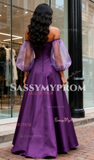 Off The Shoulder Puffy Sleeves Purple A Line Prom Dress