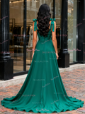 A Line Chffon White Tie Shoulder Bridesmaid Dress With Slit