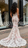 Champagne Backless Trumpet Mermaid High Neck Lace Wedding Dress