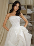 Strapless A Line Ruffles Satin High Low Wedding Dress