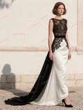 Trumpet Mermaid White Black Scoop Satin Prom Dress
