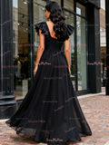 Square Neck Black Chiffon Cap Sleeve Bridesmaid Dress With Slit